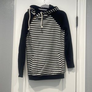 Double hood sweatshirt with thumb holes and asymmetrical neckline